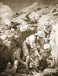 Menige Druall og Smith fjerner de sårede fra en sæk, der var ubeskyttet og udsat for kraftig beskydning (litografi)