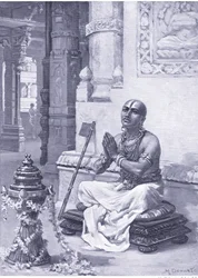 Ramanuja overvejer sin filosofi om den ene personlige Gud 1100 e.Kr (litografi)