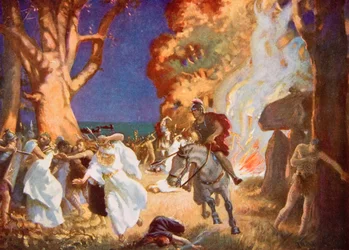 Romernes massakre på druiderne på Anglesey i 60 e.Kr., illustration fra 