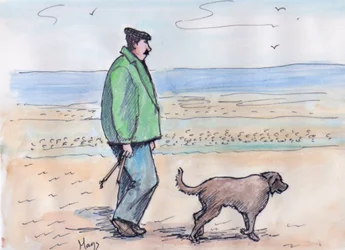 Gåtur med hunden - 06 (pen og akvarel)