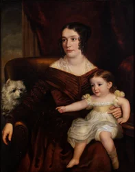 En mor og et barn med en hvid hund i et interiør, ca. 1815-66 (olie på lærred)