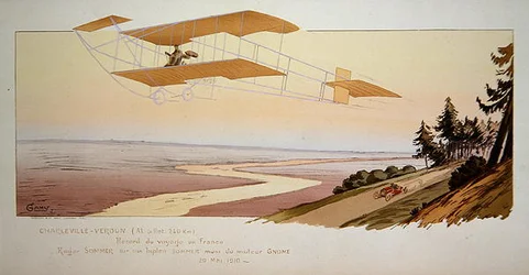 Roger Sommer (1877-1965) fløj en rekorddistance i sin Sommer Biplane fra Charleville til Verdun, maj 1910, udgivet af Mabileau, Paris
