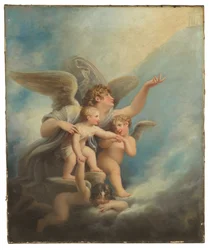 En engel og putti, der ledsager et barns sjæl til himlen