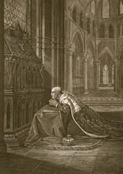 Lewis VII, konge af Frankrig, før Becketts grav, indgraveret af W. Sharp, illustration fra David Humes 