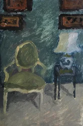 Interiør med lænestol og lampe, 2019 (olie på papir)
