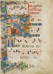 Manuskriptblad med et begravelsesoptog i et indledende R, fra en gradvis, italiensk, anden halvdel 15.