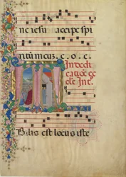 Manuskriptblad med Indvielse af en Kirke i et begyndelses-T, fra en Gradual, 2. Halvdel 15. Aarh.