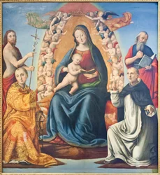Madonna med barn og hellige (olie på panel)