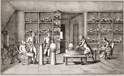 Antoine Laurent de Lavoisier (1743-1794), fransk kemiker, der udfører et eksperiment med at trække vejret hos mennesker i hvile. Tegning af fru Lavoisier.Paris 1700-tallet.Leemage-samling