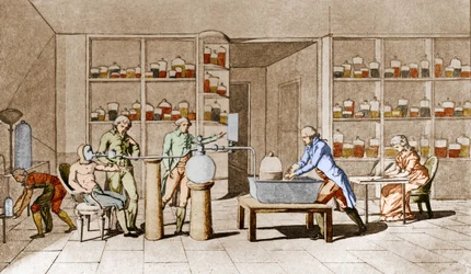 Antoine Laurent de Lavoisier (1743-1794), fransk kemiker, har en erfaring med vejrtrækningen hos mennesker i hvile. Fra tegningen af Mme Lavoisier.Paris 1700-tallet. Leemage samling