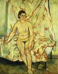 Siddende nøgenmodel på kanten af en seng, 1929