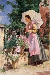 "" Damen med paraplyen "" Maleri af Isidoro Marin Gares (1863-1926) Granada sidst i det 19. århundrede. Museet for Bellas Artes de Granada.