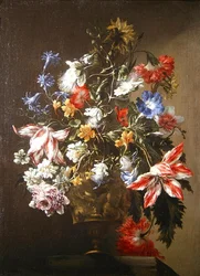 Et stilleben med blomster i en vase (olie på lærred)
