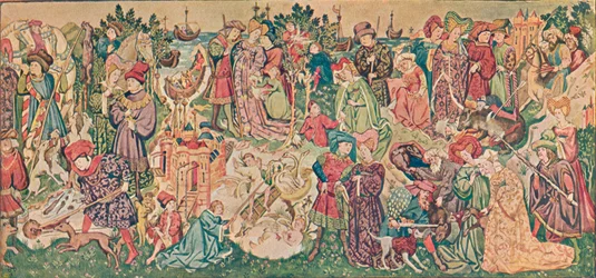Akvarelgengivelse af et af Hardwicke-tapeterne, c1902