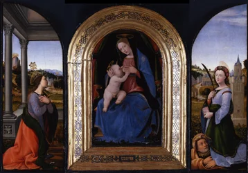 Troede Maria lactans med de hellige Catherine af Alexandria og Barbara og hendes far Dioscurus, 15