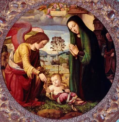 Hellig familie med en engel, maleri af Mariotto Albertinelli (1474-1515) Firenze, Palazzo Pitti, Galleria Palatina