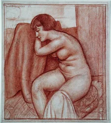 Siddende nøgen figur (blyant på papir)
