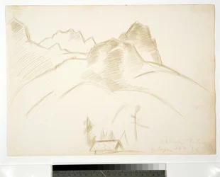 Bjerglandskab med hus i forgrunden, 1933