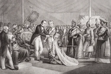 Grand Durbar ved Cawnpore efter undertrykkelsen af Sepoy-oprøret, 1858, fra `Illustrationer af engelsk og skotsk historie