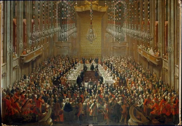 Banket i anledning af brylluppet mellem kejser Joseph II og Isabella af Parma den 06/10/1760. Med Mozart stående i orkestret