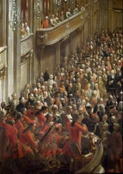 Mozart barn i nærheden af musikerne. detalje af officiel banket til brylluppet af prinsesse Isabella af Parma med kejser Joseph II (maleri