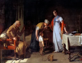 En ung kvinde hjælper en ulykkelig familie Maleri af Martin Drolling (1752-1817) Caen fra det 19. århundrede, Musee des Beaux Arts