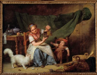 Kvinden og musen En pige holder en musefanger foran katten og en baby. Maleri af Martin Drolling (1752-1817) 1798 søn. 0,25x0,35 m Orleans. Museum for Skønne Kunster