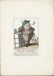 Dwergen Dan Hagel som hollandsk bådfører, omkring 1710 Dan Hagel, batavisk bådsmand og fordoblet mester i den almindelige huggekamp med den stumpe klinge (titel på objektet) Il Callotto resurcitato eller Nyindrettet Dværg Cabi