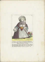 De dwerg Mademoiselle Poupon, som Parijse Schone, ca. 1710 Mademoiselle Poupone, den parisiske skønhed, en eller anden datter af den velkendte parlamentsadvokat Monsr. Chican (titel på objekt) Il Callotto resurcitato eller nyindrettet Zwerchen-hytte