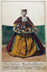 En kaffemaskine: en ung kvinde, der bærer en bakke fyldt med en kaffeservice. Stik af Martin Engelbrecht (1684-1756) 1700-tallet. Paris, dekorativ kunst