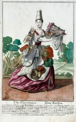 En kok. Stik af Martin Engelbrecht (1684-1756), i "" Ny samling af manouvries habilles"" 1700-tallet, Tyskland. Paris, dekorativ kunst