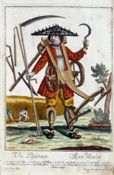 En bonde. Stik af Martin Engelbrecht (1684-1756), i "" Ny samling af manouvries habilles"" 1700-tallet, Tyskland. Paris, dekorativ kunst