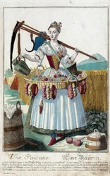 En bondekone. Stik af Martin Engelbrecht (1684-1756), i "" Ny samling af manouvries habilles"" 1700-tallet, Tyskland. Paris, dekorativ kunst.