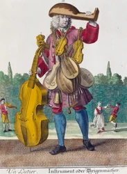 Lutespiller, gravering fra Assemblage des nouveau manouvries habilles af Martin Engelbrecht (1684-1756), Tyskland