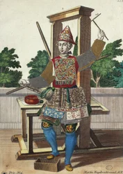 Producent af farvet papir, gravering fra Assemblage des nouveau manouvries habilles Martin Engelbrecht (1684-1756), Tyskland