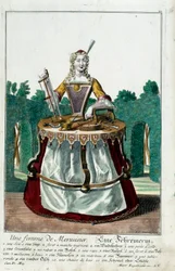 Metier: En tømrerkone. Stik af Martin Engelbrecht (1684-1756), i "" Ny samling af manouvries habilles"" 1700-tallet, Tyskland. Paris, dekorativ kunst