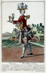 Metier: En guldfisk. Stik af Martin Engelbrecht (1684-1756), i "" Ny samling af manouvries habilles"" 1700-tallet, Tyskland. Paris, dekorativ kunst