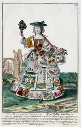 Metier: En billedsælger. Stik af Martin Engelbrecht (1684-1756), i "" Ny samling af manouvries habilles"" 1700-tallet, Tyskland. Paris, dekorativ kunst