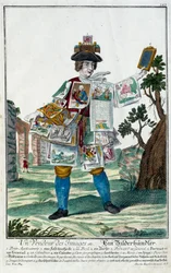 Metier: En billedsælger. Stik af Martin Engelbrecht (1684-1756), i "" Ny samling af manouvries habilles"" 1700-tallet, Tyskland. Paris, dekorativ kunst