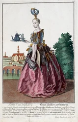 Metier: Kvinde af en guldfisk. Stik af Martin Engelbrecht (1684-1756), i "" Ny samling af manouvries habilles"" 1700-tallet, Tyskland. Paris, dekorativ kunst