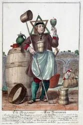 Repræsentation af en brygger med et springvand, et glas, en kande, en spand, en tønde, en hammer, en skål, en broc, en kedel. Gravering af Martin Engelbrecht (1684-1756)