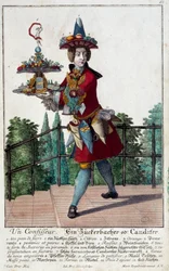 Konditor: en ung mand med en bakke med slik og konfekture. Gravering af Martin Engelbrecht (1684-1756) fra det 18. århundrede. Paris, dekorativ kunst