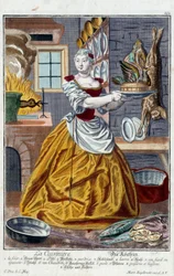 Kokken. Stik af Martin Engelbrecht (1684-1756), i "" Ny samling af manouvries habilles"" 1700-tallet, Tyskland. Paris, dekorativ kunst