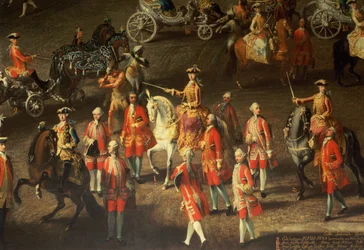 En kavalkade i vinterrideskolen i Wien Hof for at fejre den franske hærs nederlag ved Prag, 1743 (detalje, viser Maria Theresa, kejserinde af Østrig, rejst på en grå hest) (detalje