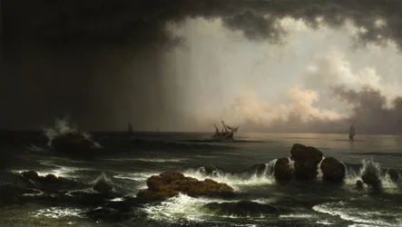 Kystscene med synkende skib, 1863
