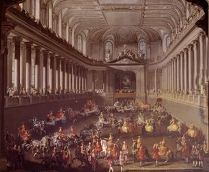 Karrusel af den spanske manege i Wien for at fejre det franske nederlag i Prag i 1763, Marie Therese fra Østrig (1717-1780) er repræsenteret på den hvide hest Maleri af Martin Meytens skole (1695-1770) 1700-tallets Wien. Kunsthistorisk Mus