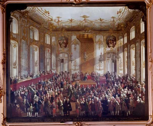 Marie Therese af Østrig (1717-1780) ved institutionsceremonien af St. Stephens Orden i 1764 Maleri af Martin van Meytens (1695-1770) 1764 Wien. Kunsthistorische Museum - Maria Theresa af Østrig (1717-1780) under investiturceremonien o