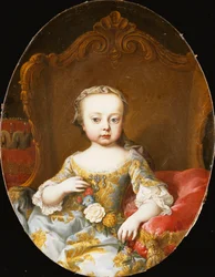 Portræt af hans søster, ærkehertuginden Maria Christine, siddende, trekvart længde, i en guldbroderet blå kjole med en blomsterkrans,