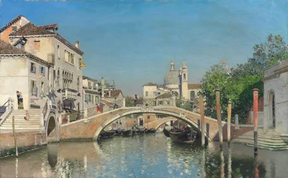 En venetiansk kanal med gondoler, Santa Maria Della Salute hinsides (olie på lærred)