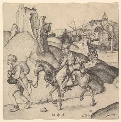 Bondefamilie på vej på marked, ca. 1435-1491.